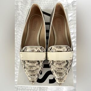 Schutz Cream Snakeskin Embossed Leather Flats